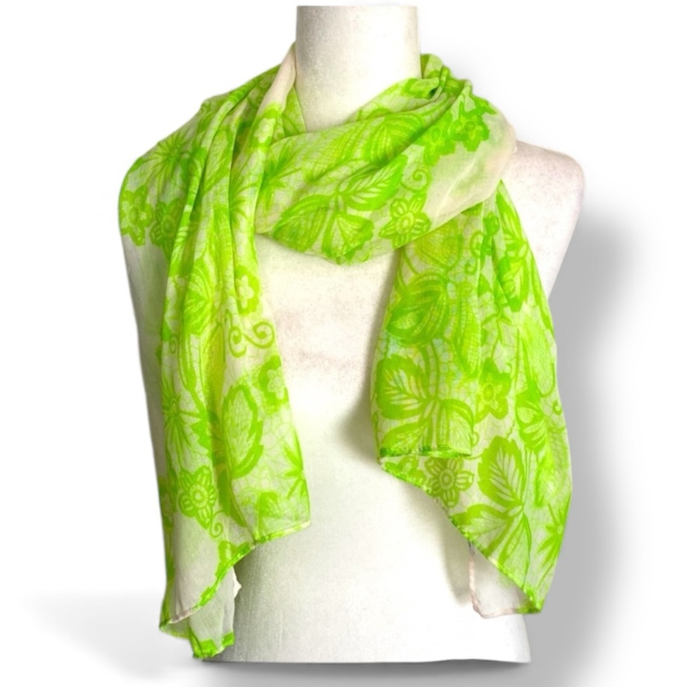 Anthropologie Bright Green Floral Vines Whimsical Bohemian Scarf Spring Chic